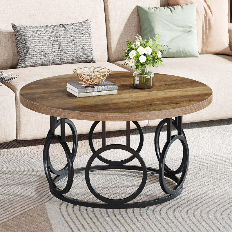 17 Stories 31.5 Inch Round Coffee Table For Living Room Wood Grain And Black Wayfair